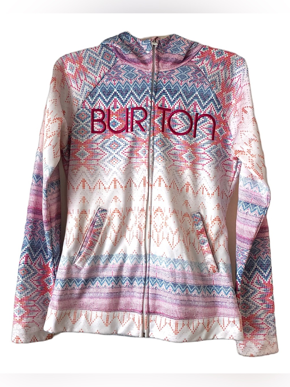 Burton Hooded Jacket, Sz. M, Pink/Orange/Blue Print, Pink Fleece Lined